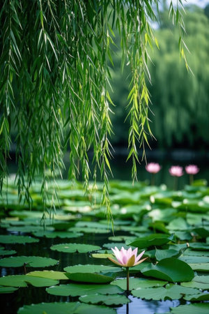 The beauty of the lotus in the pond and green leaves.の素材