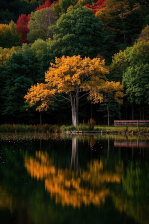 Autumn forest reflected in the lake. Colorful autumn trees.の素材