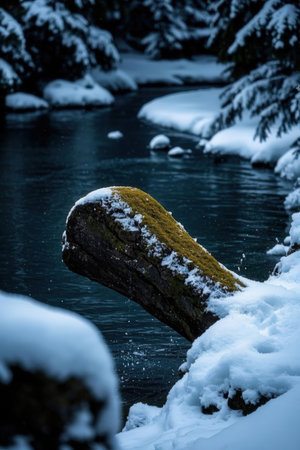 Frozen river in winter forest with snow covered rocks. Toned.の素材