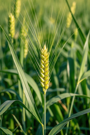 Close up of wheat ears growing in the field, selective focus.の素材