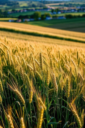 Ears of golden wheat growing in a field in the countryside.の素材