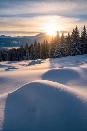 Sunset in the mountains with snowdrifts and coniferous forestの素材