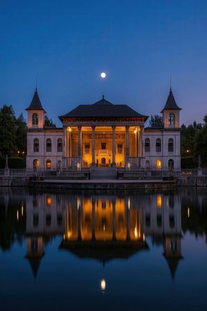 Pavilion at night with reflection in the water, Prague, Czech Republicの素材
