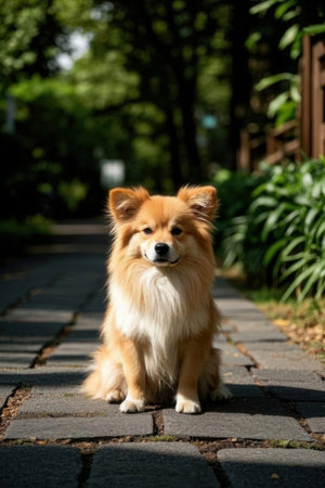 Beautiful red dog Pomeranian sitting on the pavement in the parkの素材