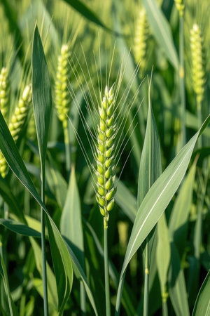 Close up of green ears of wheat growing in the field. Selective focus.の素材