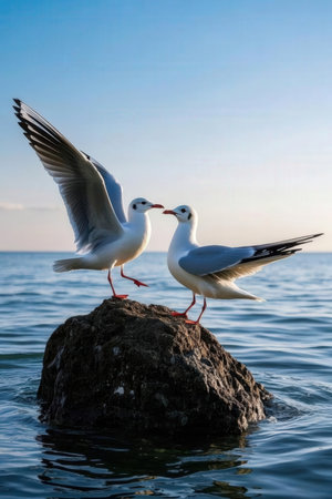 Two seagulls standing on a rock in the sea.の素材