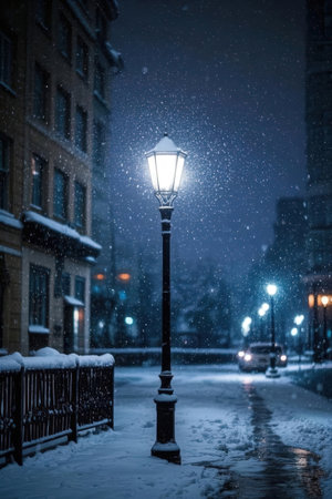 Snowfall in the city at night. Street lamp in winter.の素材