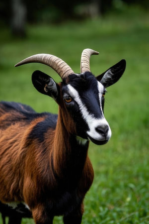 Portrait of a goat with horns on the background of green grassの素材