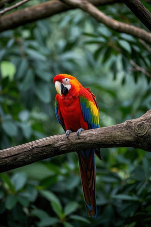 Beautiful Scarlet macaw (Ara ararauna) sitting on branchの素材