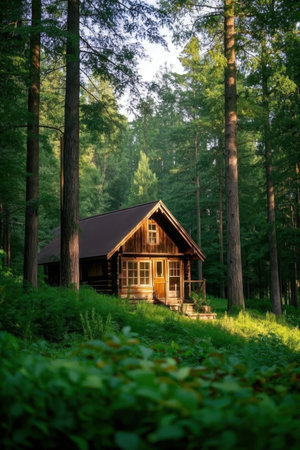 Wooden house in the forest. Beautiful summer landscape with a cottageの素材