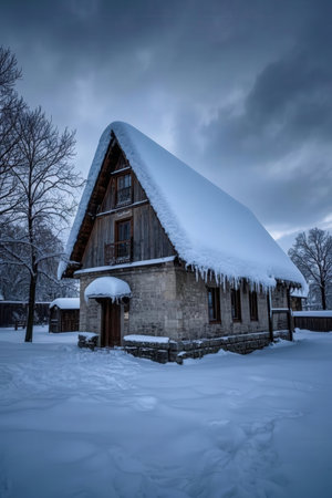 Old wooden house covered with snow in the forest. Winter landscape.の素材
