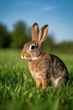 Rabbit sitting in the grass and looking at the camera on a sunny dayの素材