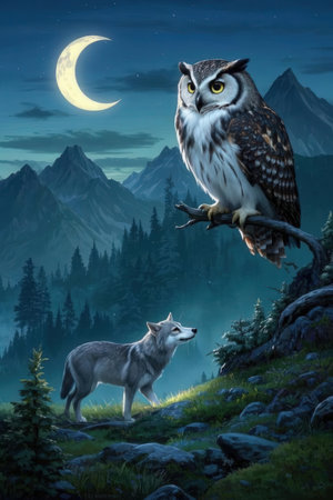 Owl and wolf in the mountains at night,3D renderingの素材