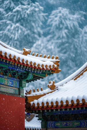 Snow on the roof of an ancient Chinese temple in the winter.の素材