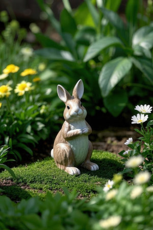 Rabbit sitting on a flower bed with daisies in the backgroundの素材