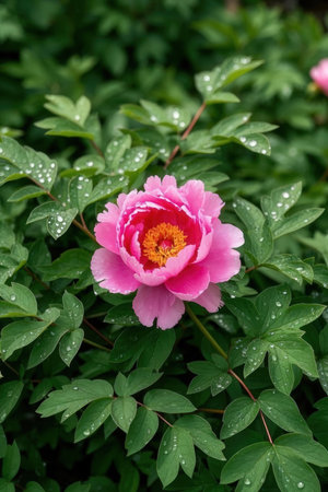 pink peony flower in the garden with rain drops on itの素材