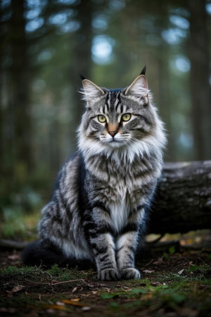 Portrait of a beautiful maine coon cat in the forestの素材