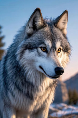 Portrait of a wolf on the background of the blue sky.の素材