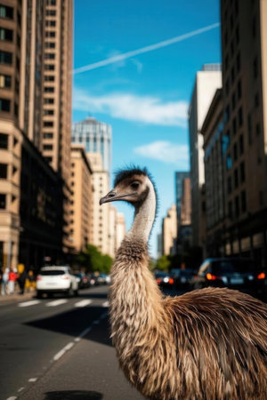 A close up of an Australian emu in the streets of New York City.の素材