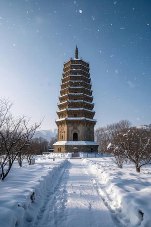 Giant Wild Goose Pagoda in winter, Beijing, China.の素材