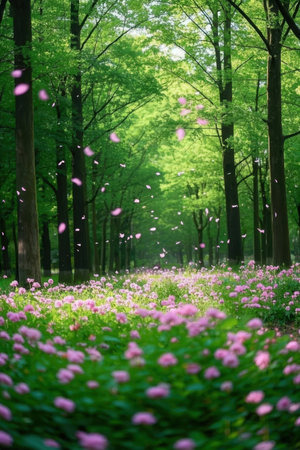 Beautiful spring forest with blooming pink flowers and flying petalsの素材
