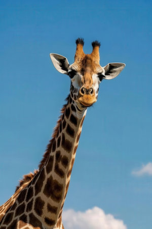 Giraffe on blue sky background. Wildlife scene from nature.の素材
