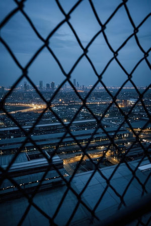 Aerial view of cityscape at night through the wire fence.の素材