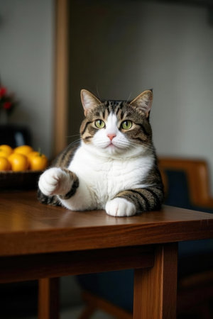 Cute cat lying on the table in the kitchen and looking at the cameraの素材