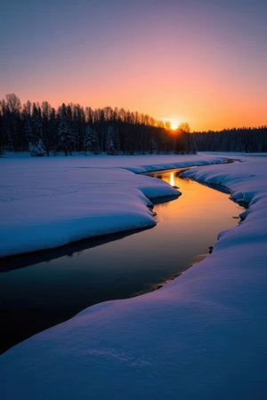 Beautiful winter landscape with frozen river and sunset in the background.の素材