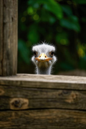 Ostrich looking out of a hole in a wooden fence.の素材