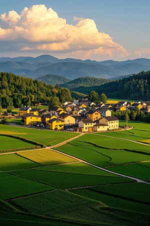 Village in Bavaria, Germany. Landscape with green fields.の素材