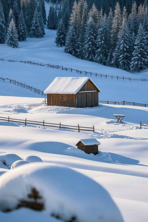 Winter in the Carpathian Mountains, Ukraine. Wooden house in the snowの素材