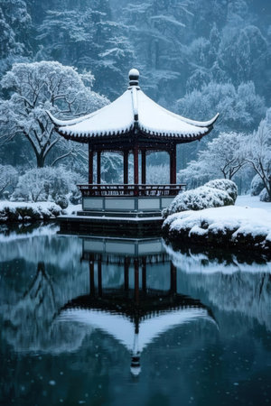 Beautiful winter landscape with Chinese pavilion and lake in South Koreaの素材