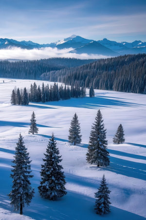 Beautiful winter landscape with snow covered fir trees in Carpathian mountainsの素材