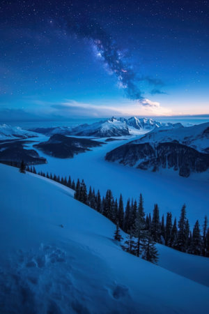 Beautiful winter landscape with snow covered mountains and milky way at nightの素材