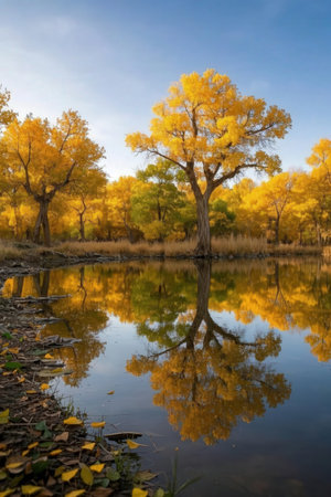 Autumn landscape with yellow trees reflected in the water of a lakeの素材