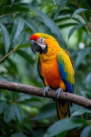Colorful macaw parrot sitting on a branch in the jungleの素材