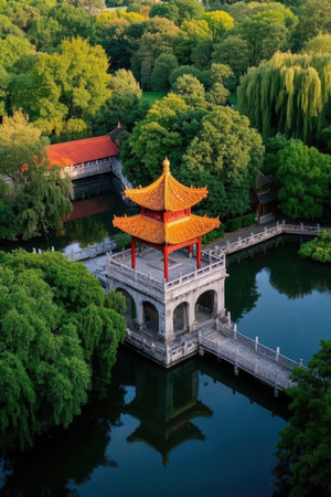 Aerial view of a Chinese pavilion in the Summer Palace, Beijing, Chinaの素材