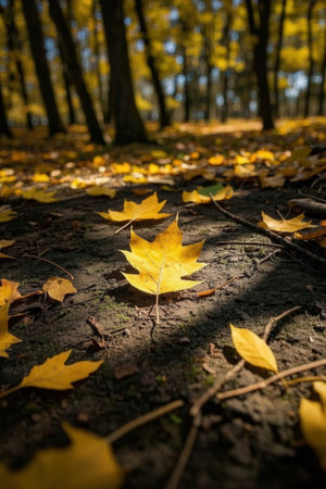 Autumn leaves on the ground in the forest. Selective focus.の素材