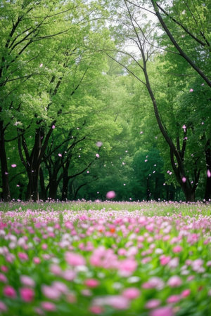 Beautiful blooming flowers in the park. Spring nature background.の素材