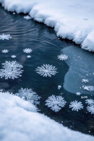 snowflakes on the surface of a frozen river in winterの素材