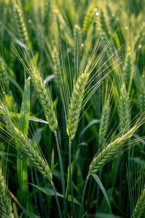 Green ears of wheat on the field. Close-up. Selective focus.の素材