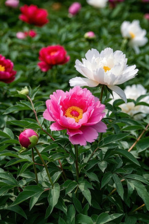 Beautiful pink and white peony flowers blooming in the gardenの素材
