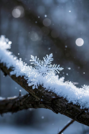 snowflakes on the branch of a tree in the forestの素材