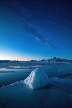 Night landscape with snow-capped mountains, starry sky and icebergの素材