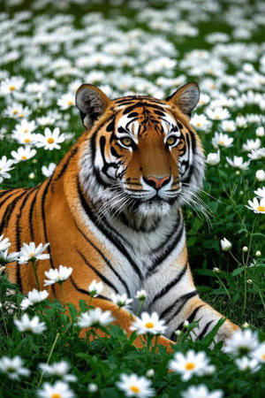 Portrait of a tiger in a field of daisies.の素材