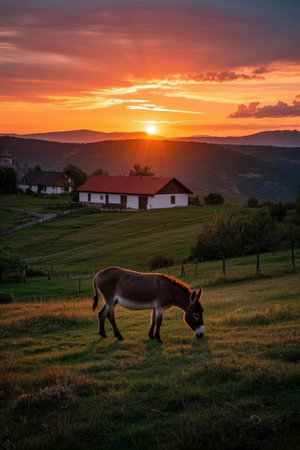 Donkey in the meadow at sunset, Slovakia, Europe.の素材