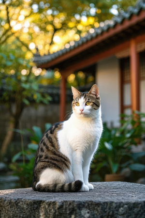 Cute cat sit on stone in the garden. Selective focus.の素材