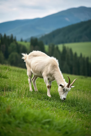White goat grazing on a meadow in the Carpathian mountainsの素材