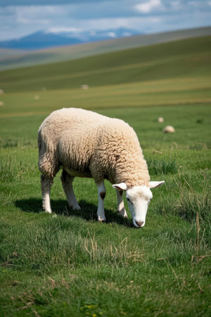 Sheep grazing in a green meadow in the springtime.の素材